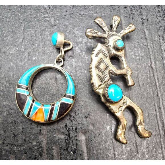 Vintage Sterling Silver Kokopelli Brooch & Inlaid Turquoise Pendant JJ4153 - Picture 1 of 11